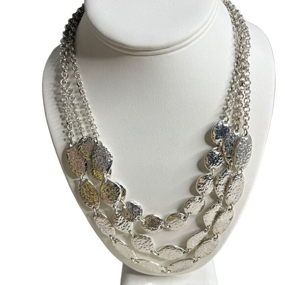 New Talbots Silver Hammered Disk Chain Link Bib Necklace 3-Strand Statement - Picture 2 of 7